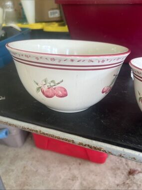 Vintage White Ceramic Fruit Pattern Mixing Bowls with Red Trim